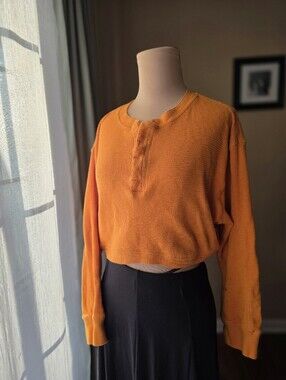Cropped Thermal Henley BDG Urban‎ Outfitters Orange Waffle Knit Top Shirt Size M